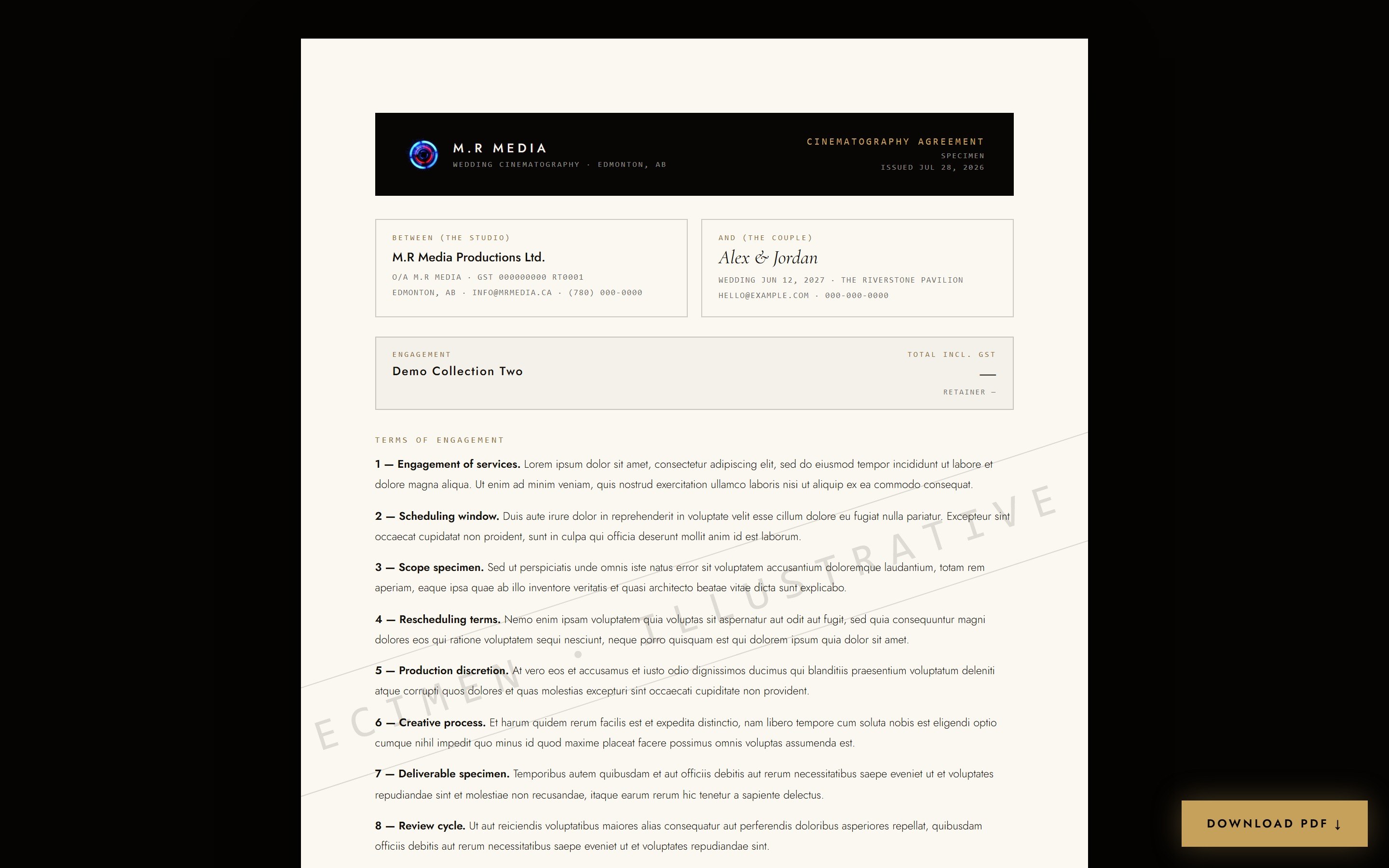 A specimen agreement PDF, branded and numbered