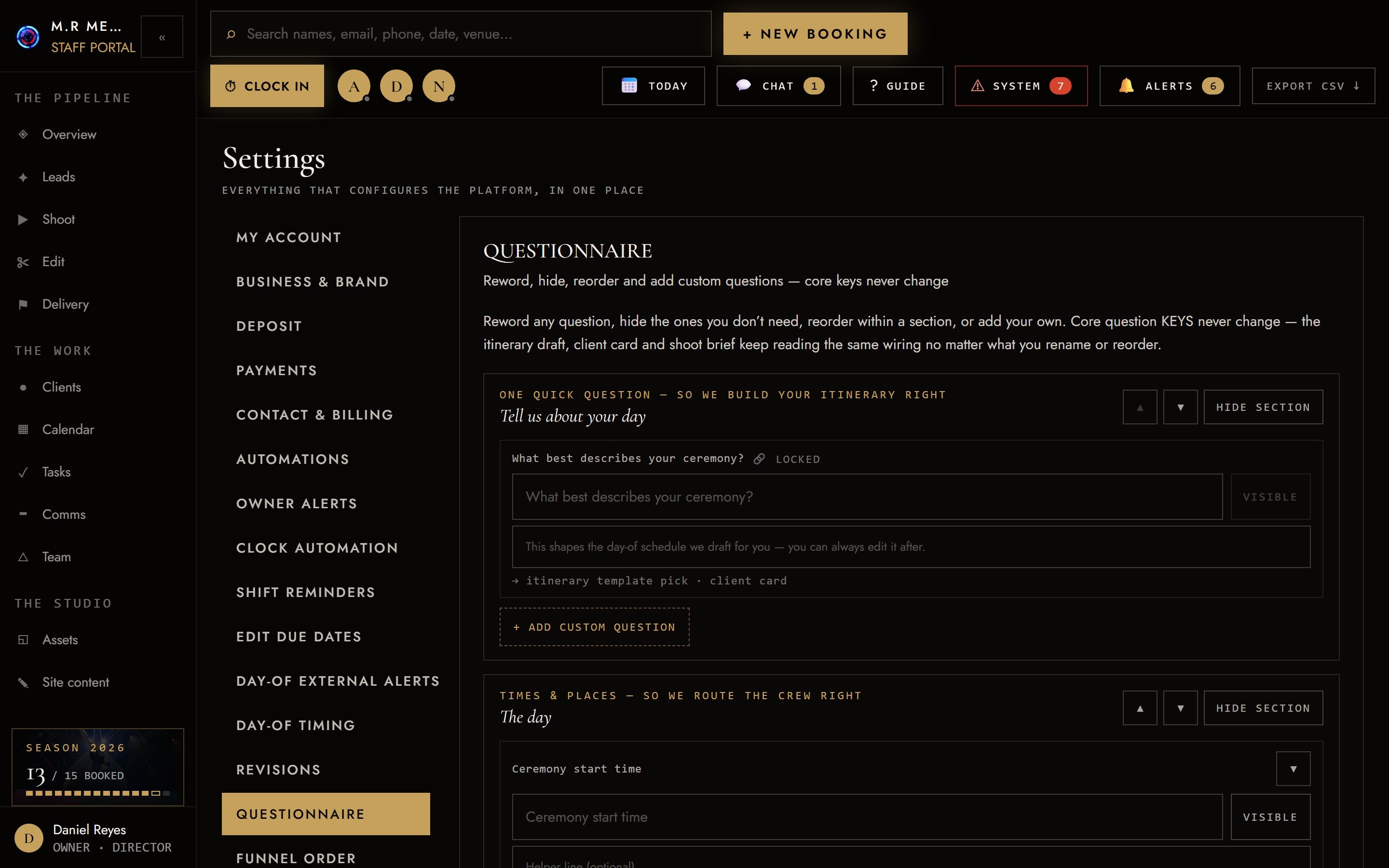 Questionnaire editor, staff view