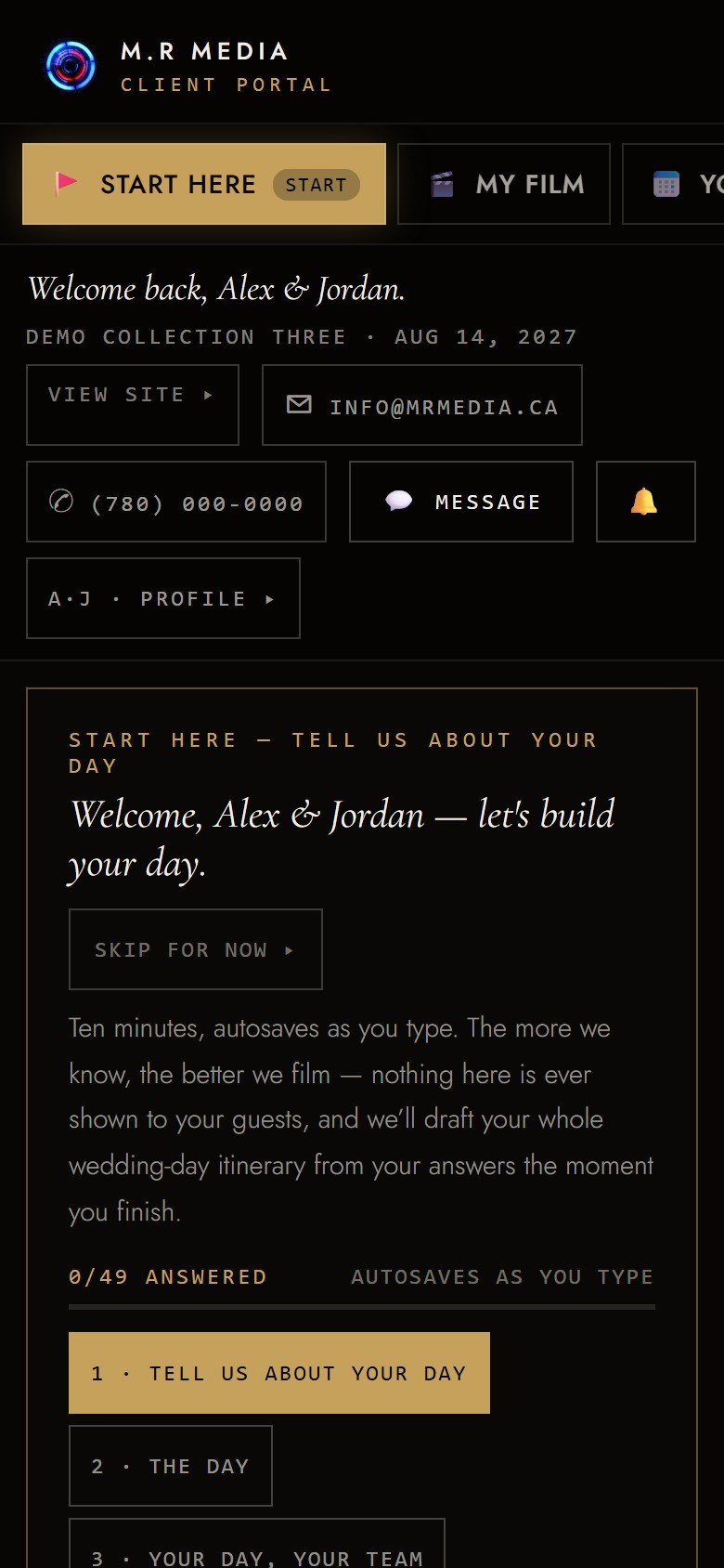 The portal's own nine-tab navigation — START HERE, MY FILM, YOUR DAY, and more