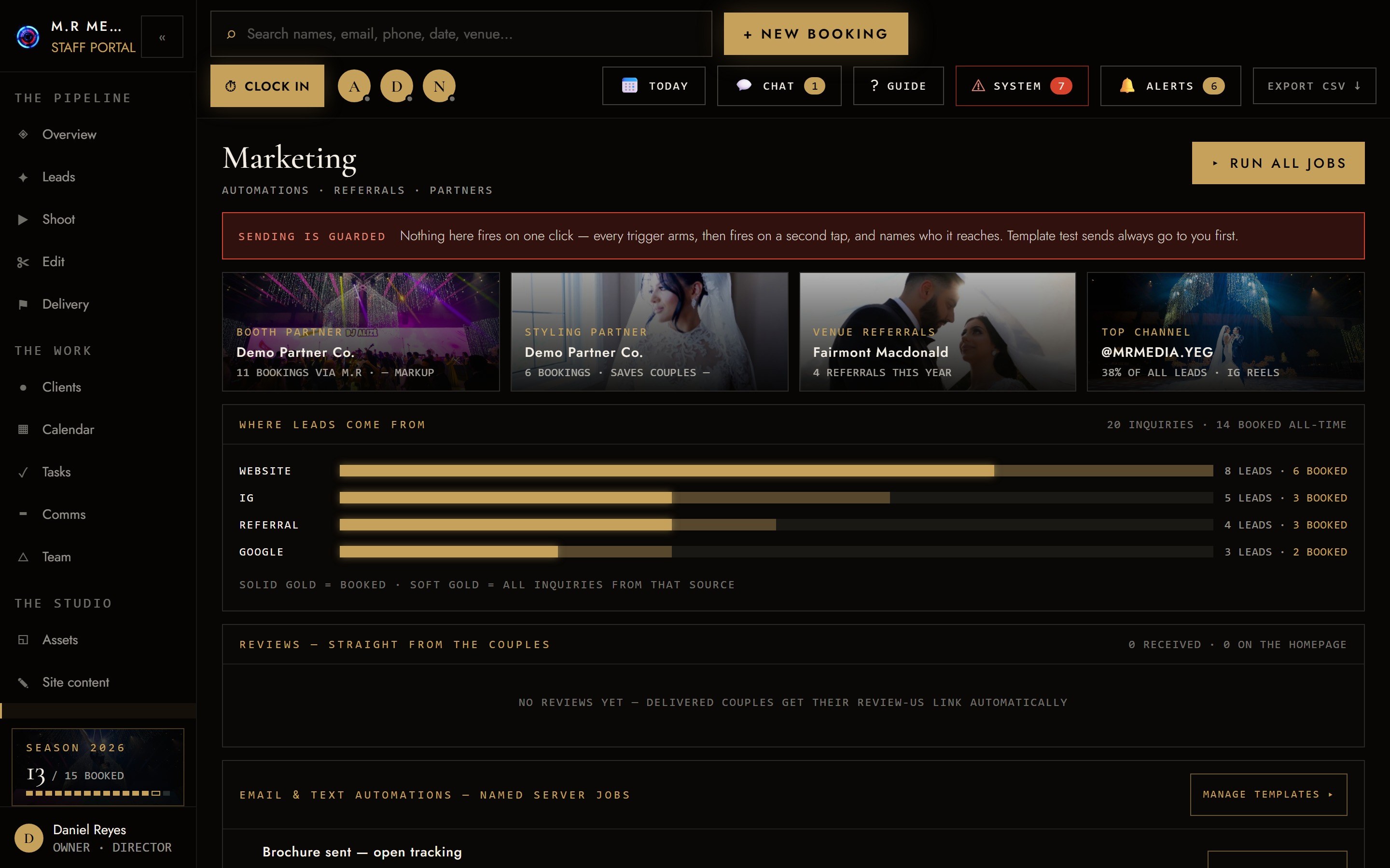 Marketing tab — partner cards and referral stats