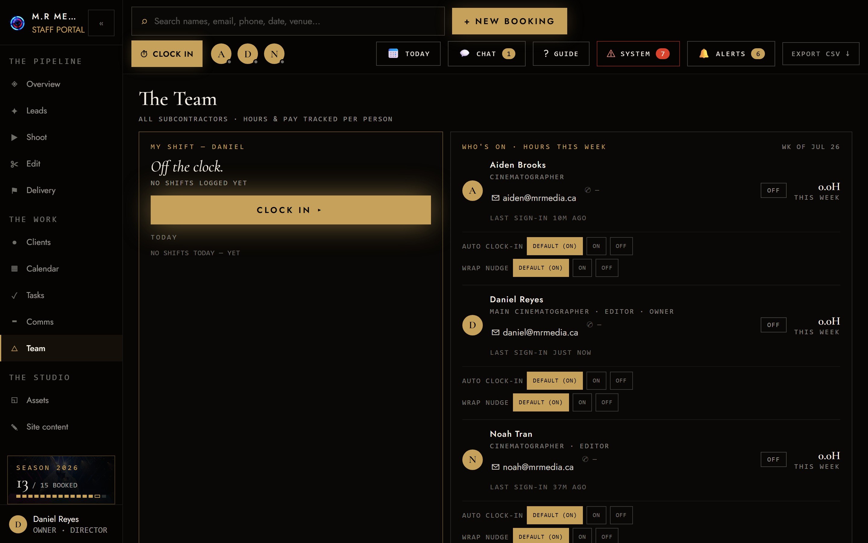 Team tab — crew cards, clock-ins, pay