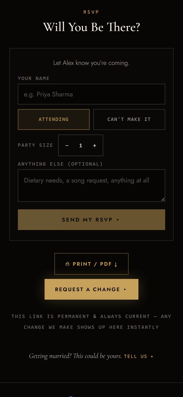 RSVP card on the public wedding page